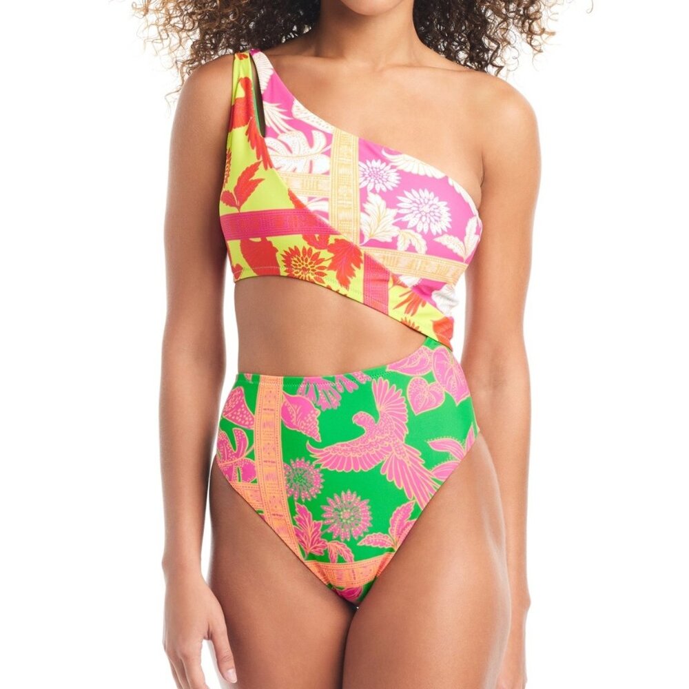 Bar III One-Shoulder High-Waist One-Piece Swimsuit in Green & Pink